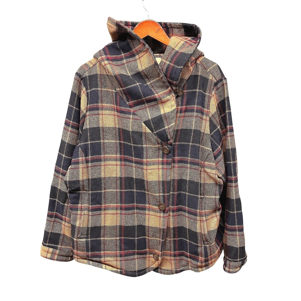 Woolrich Plaid Wool Jacket Womens XL Brown Hooded Shacket Flannel Warm Casual